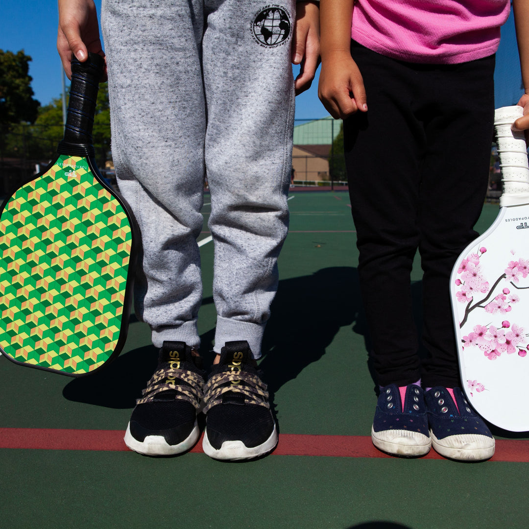 An informative illustration displaying the different core materials used in pickleball paddles, designed with beginners in mind. The guide should clearly distinguish between polymer, aluminum, and Nom
